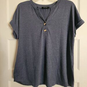 Automet Women's Cuffed Short Sleeved Blue Pullover Top W/Two Button Closure M